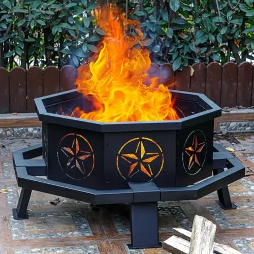 Outdoor Octagonal Fire Pit 35 Inch Wood Burning Black