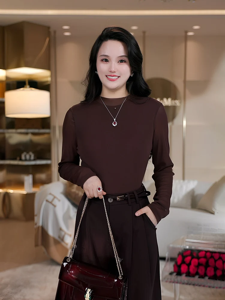 

Thin Knitted Base irt for Women Silver Bean Early Spring 2026 New Sle Soft Polyester Fiber Long Sve round Ne