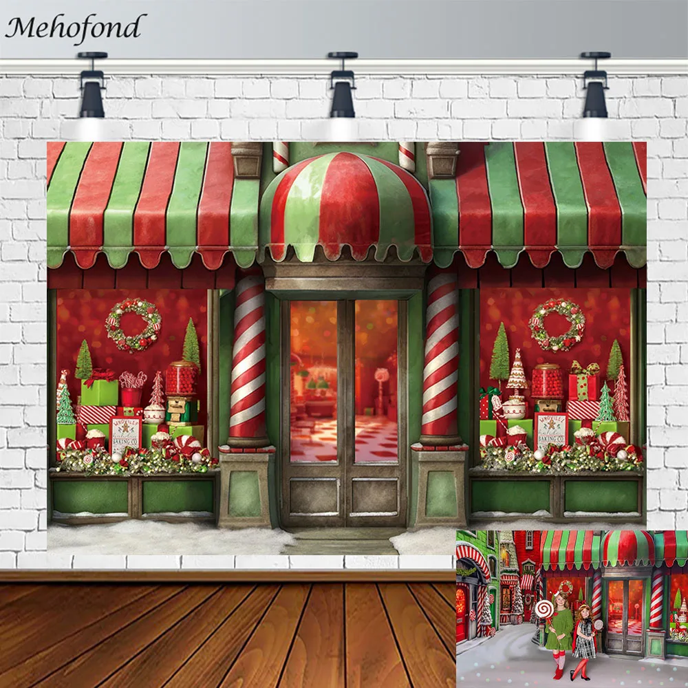 Mehofond Christmas Photography Background Winter Candy Cane Gift Shop Plant Wreath Xmas Party Decor Backdrop Portrait Photo Prop