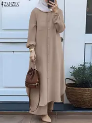 ZANZEA Vintage Muslim Suit Solid Color Lapel Neck Long Sleeve Blouse Pant Ramadan Islamic Clothing Fashion Casual Turkey Outifit