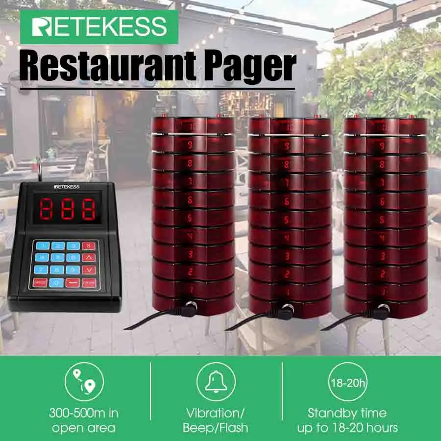 Retekess TD165 Restaurant Wireless Calling System With 30 Coaster Pager Receivers For Coffee Food Court Clinic Beauty Salon