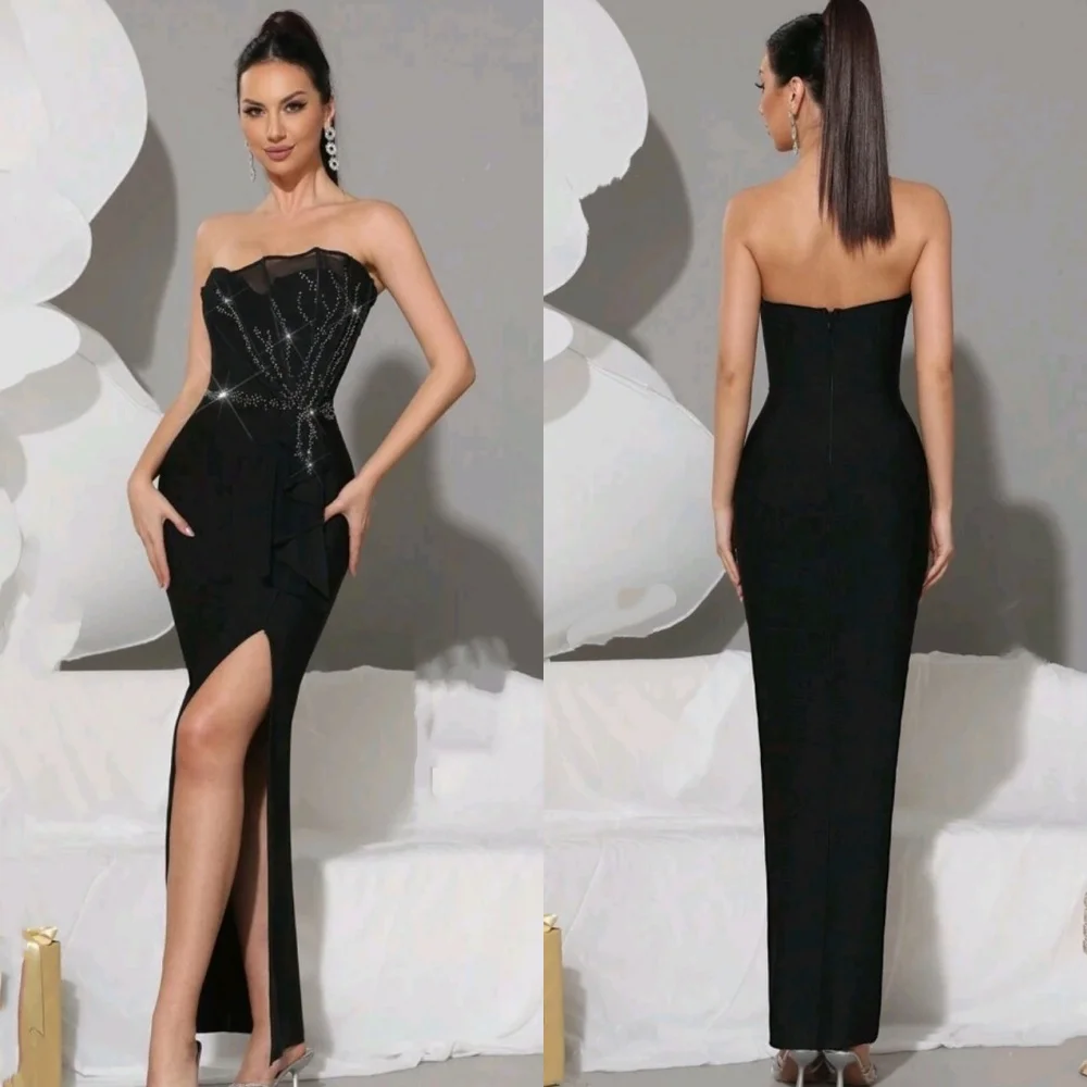 

Customized High Quality Formal Jersey Sequined Pleat Column Strapless Ankle Length Dresses Bespoke Occasion Dresses Fashion