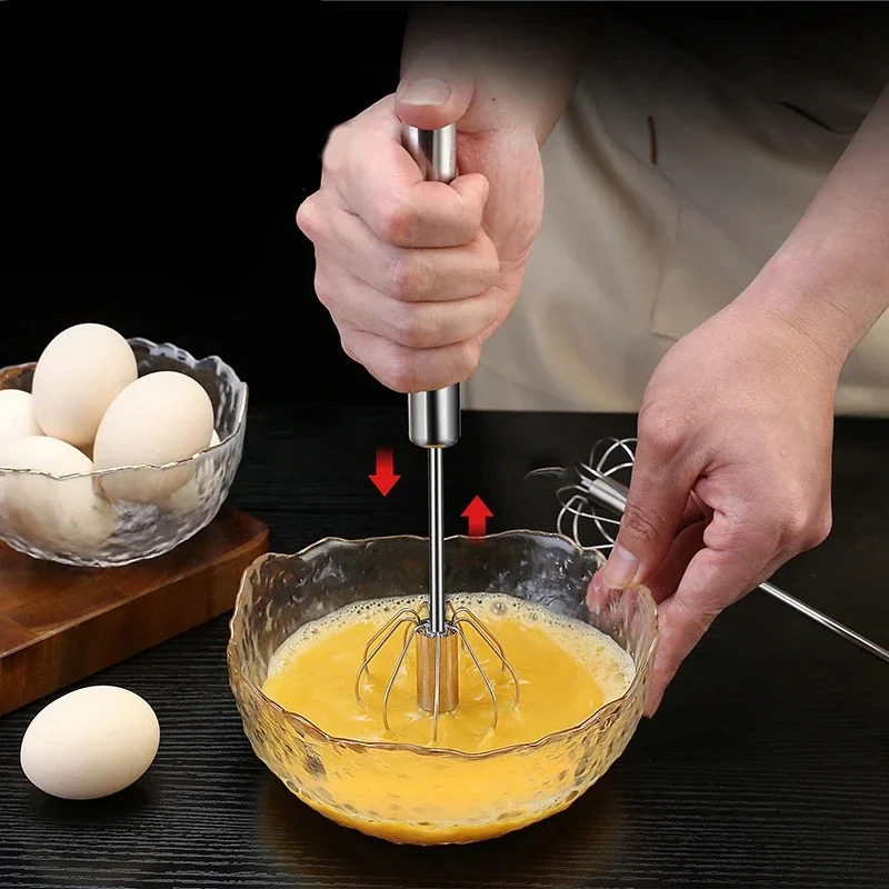 Batidor de cocina de acero inoxidable, batidor de huevos semiautomático a presión manual, mezclador de crema giratorio automático, accesorios para