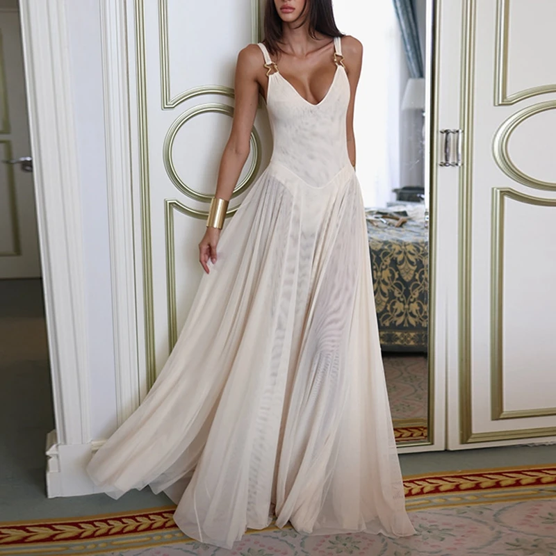 Combhasaki femmes été Boho maillots de bain sans manches dos ouvert col en V maille pure métal décor Spaghetti sangle a-ligne longue robe Cami