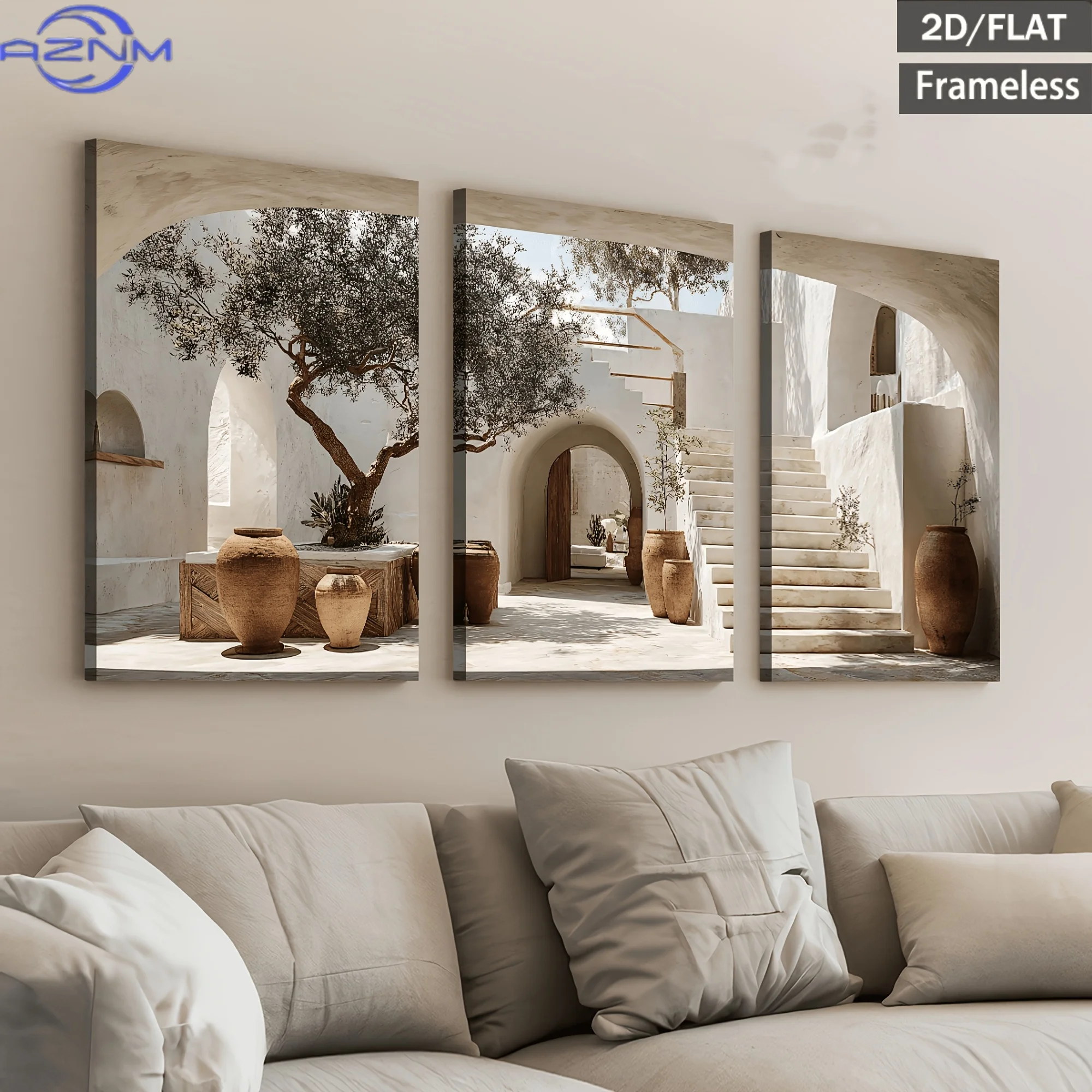[2D Flat]3pcs Frameless Canvas Poster, Modern Architecture Potted Plant Landscape, High Definition Print, Holiday Gift, Living