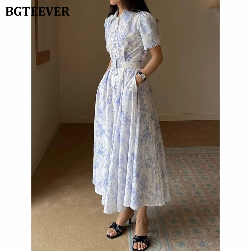 BGTEEVER Elegant Lapel Floral Printed Dress for Women Vintage Short Sleeve Belted SlimWaist  A-line Dress Female Summer Vestidos