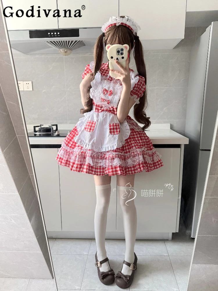 

Large Size L-5XL Sweet Maid Cos Red Plaid Cute Woman Lolita Dress Summer New Christmas High Waist Age-reducing Princess Dresses