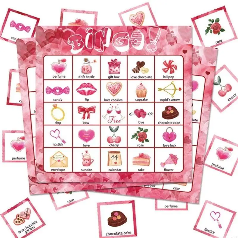 76HF 24 Players Valentines Bingo Game Card Bingo Cards for Valentines Party Supplies School Classroom Games Family Activity