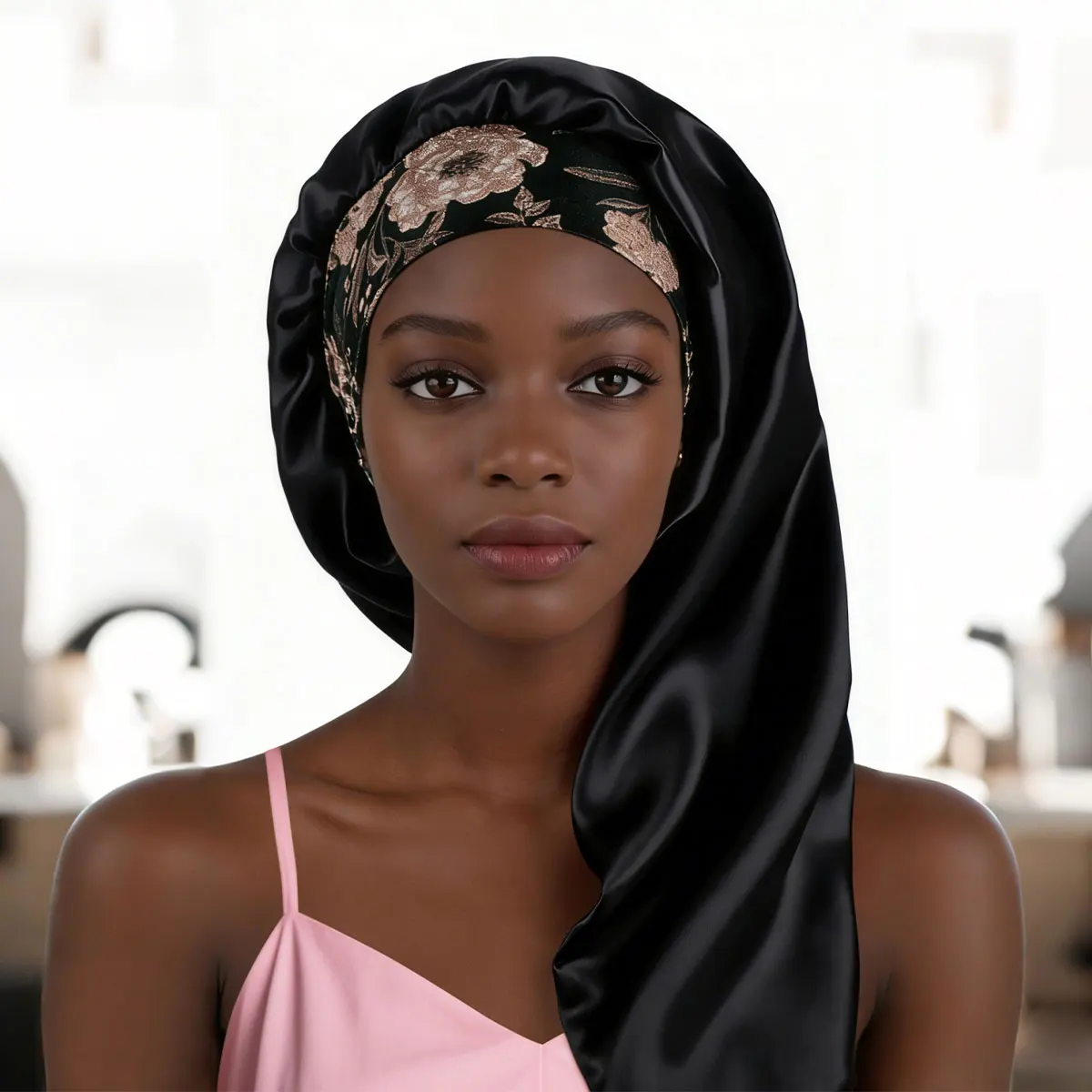

Ladies Long Hair Sleep Cap with Elastic Hairband Smooth Soft Fabric Suitable for Curly And Straight Hair Comfortable Sleep Acces