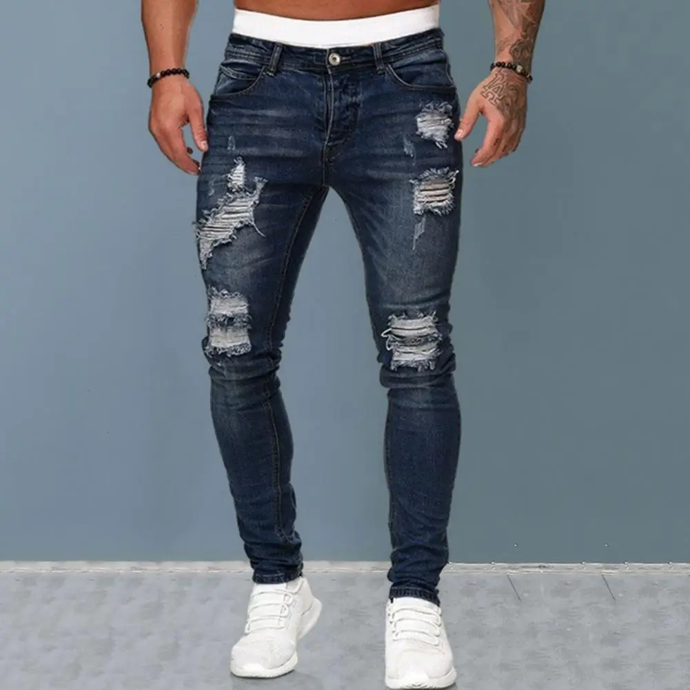 

Men Straight Fit Jeans Men Four Season Jeans Ripped Holes Slim Fit Men's Jeans Soft Breathable Streetwear with Color for Hip