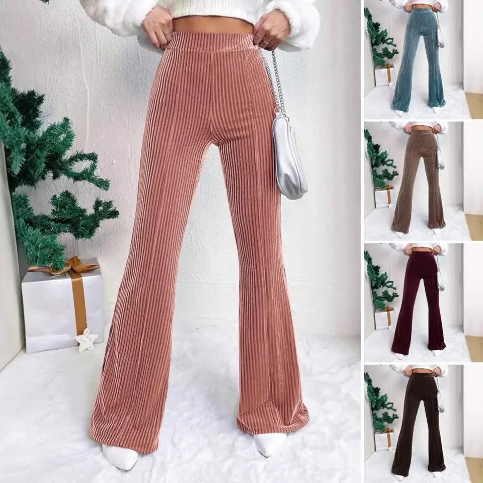 Retro High Waisted Corduroy Flared Pants For Spring And Autumn Solid Color Casual Wide Leg Long Sports Pants For Women