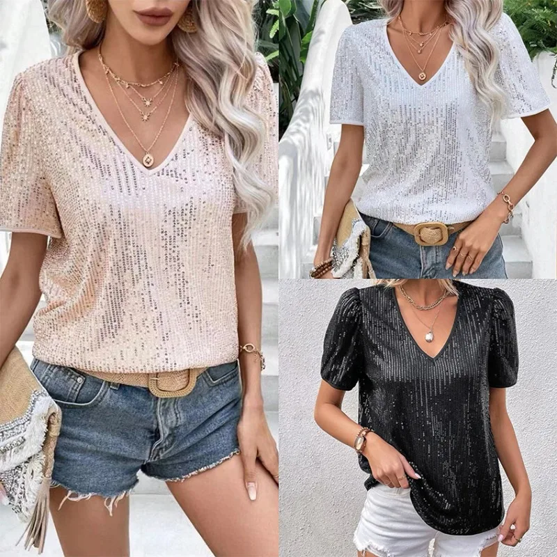 

Women's Blouse New V-neck Solid Color Sequined Short Sleeve T-shirt Europe America Style Famale Trendy Summer Cool Clothing Tops