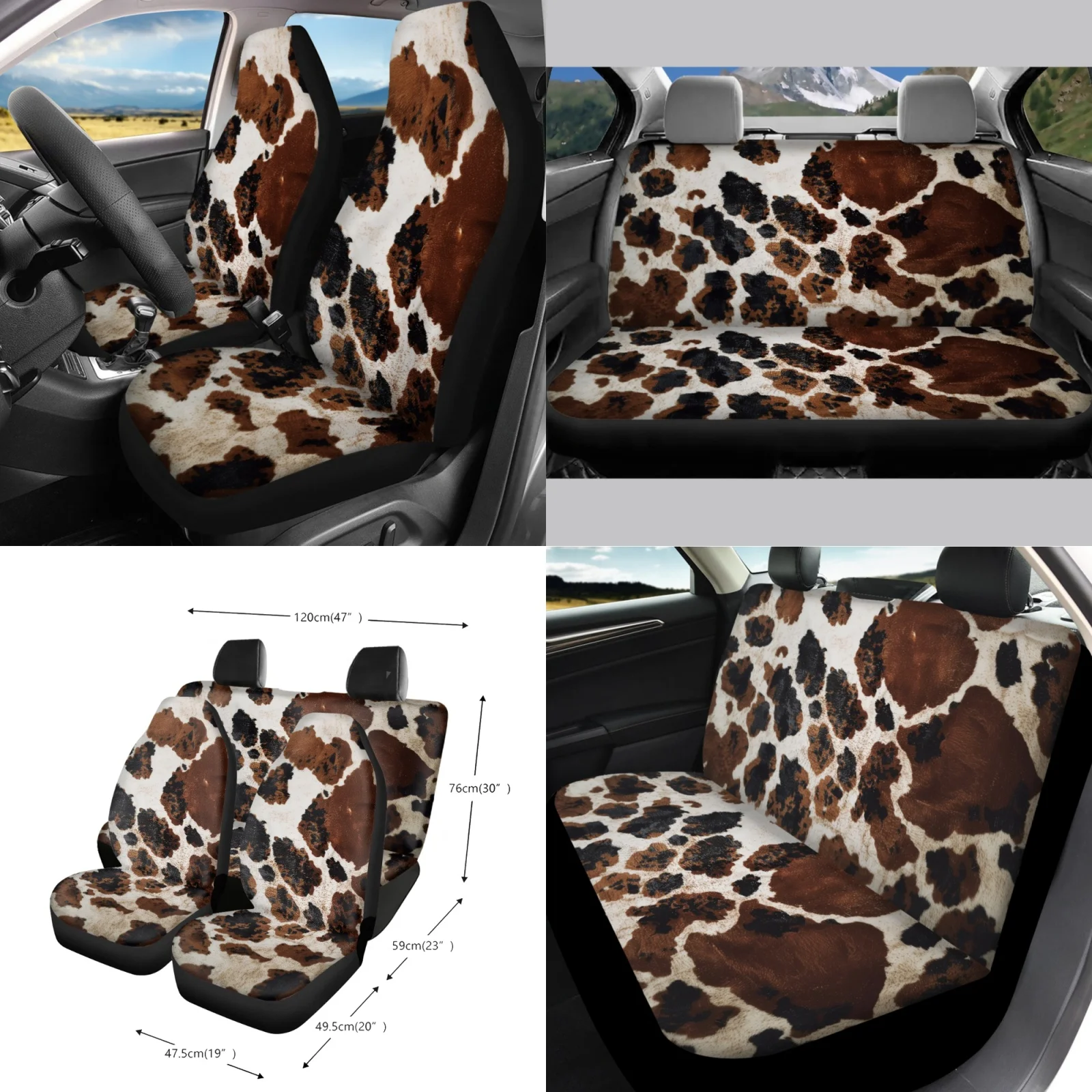 Coloranimal Cowhide Print 15 PCS with Full Car Seat Cover Set, Steering Wheel Cover, Cup Coasters, Garbage Bag, Belt Pads