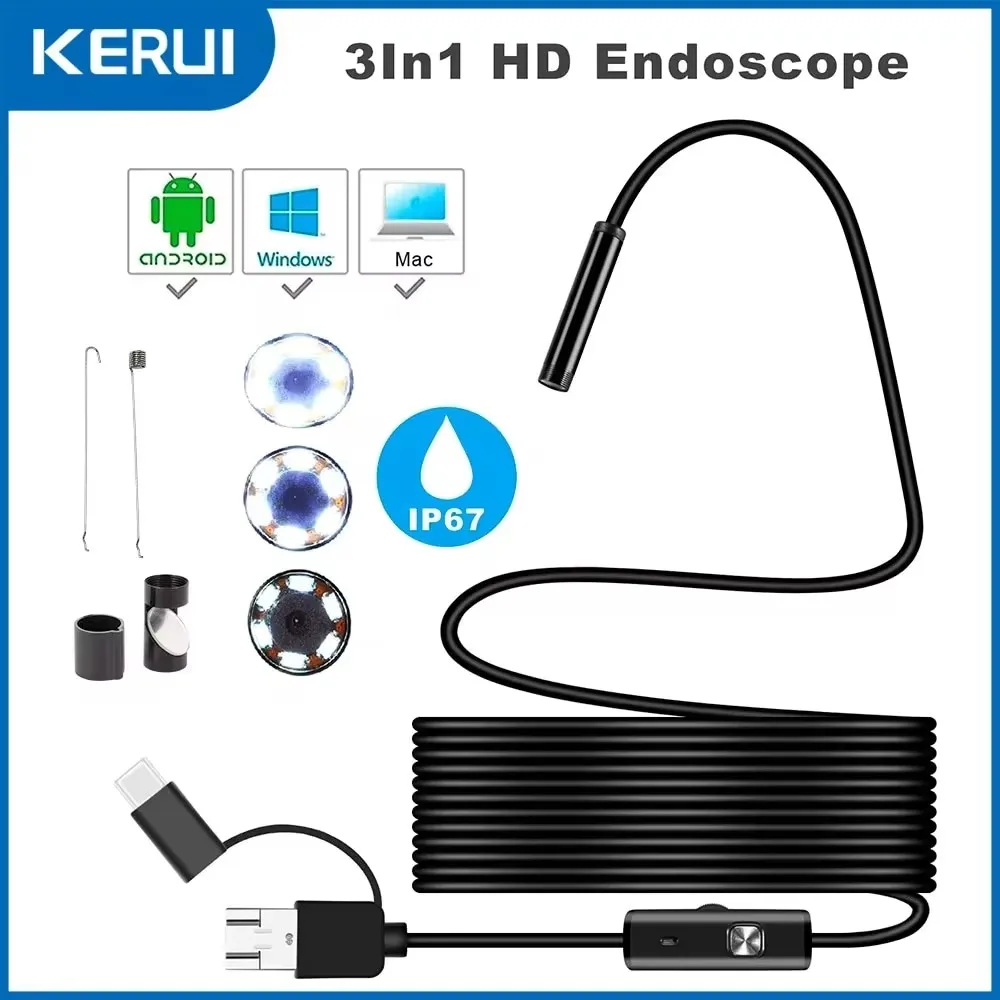 Kamera endoskop Android 7MM, 3 IN1 mikro USB Tipe C Borescope Mini kamera tahan air LED inspeksi mobil untuk HUAWEI XIAOMI PC