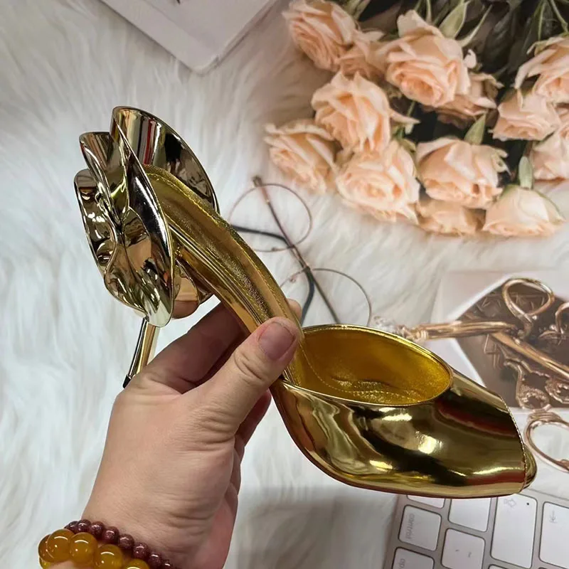 Gold Rose Flower Sandals Woman Open Toe Strange High Heel Pumps Lady Sexy Party Shoes