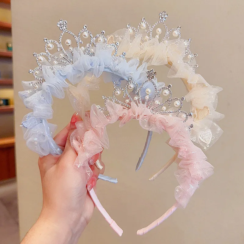 Sweet Crown Lace Headband for Baby Girls Korean Pearl Crystal Hair Hoop Cute Kids Princess Headband Birthday Party Hair Acce