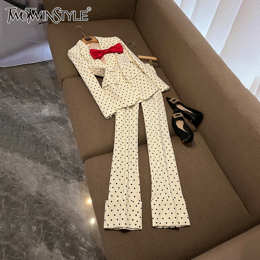 TWOTWINSTYLE Print Two Piece Sets For Women Lapel Long Sleeve Spliced Bowknot Top High Waist Pants Chic Set Female New KSE542203