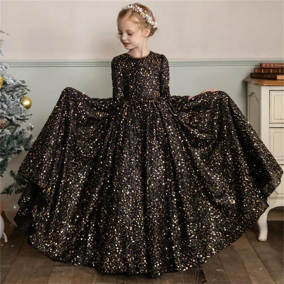 

Black Sequins Flower Girl Dress For Wedding Shining Full Sleeves Puffy Birthday Pageant Princess First Communion Ball Gowns