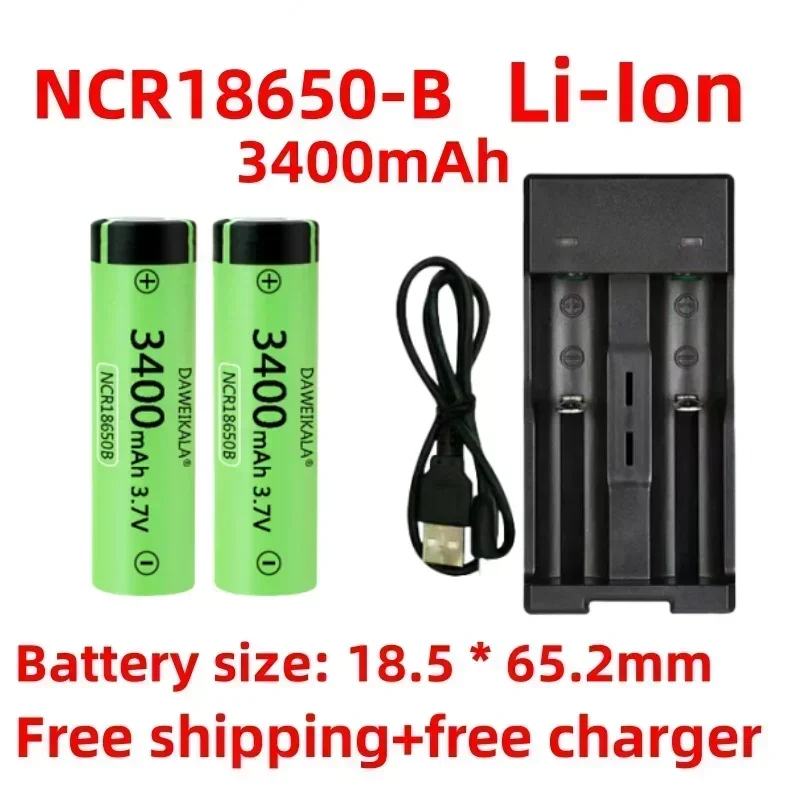 100% new NCR18650-B 3.7V 3400 mAh 18650 rechargeable lithium battery for flashlight batteries and free USB charger+free shipping