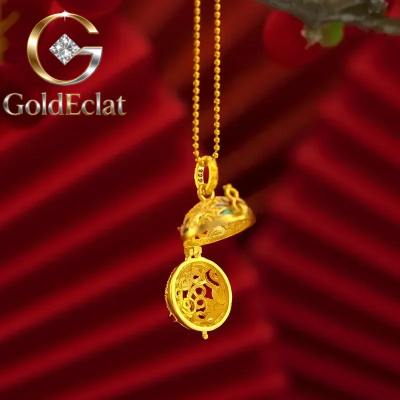 GoldEclat 9999 24K real gold antique style blue burning sachet enamel pendant for women ethnic hollow incense burner pendant fo