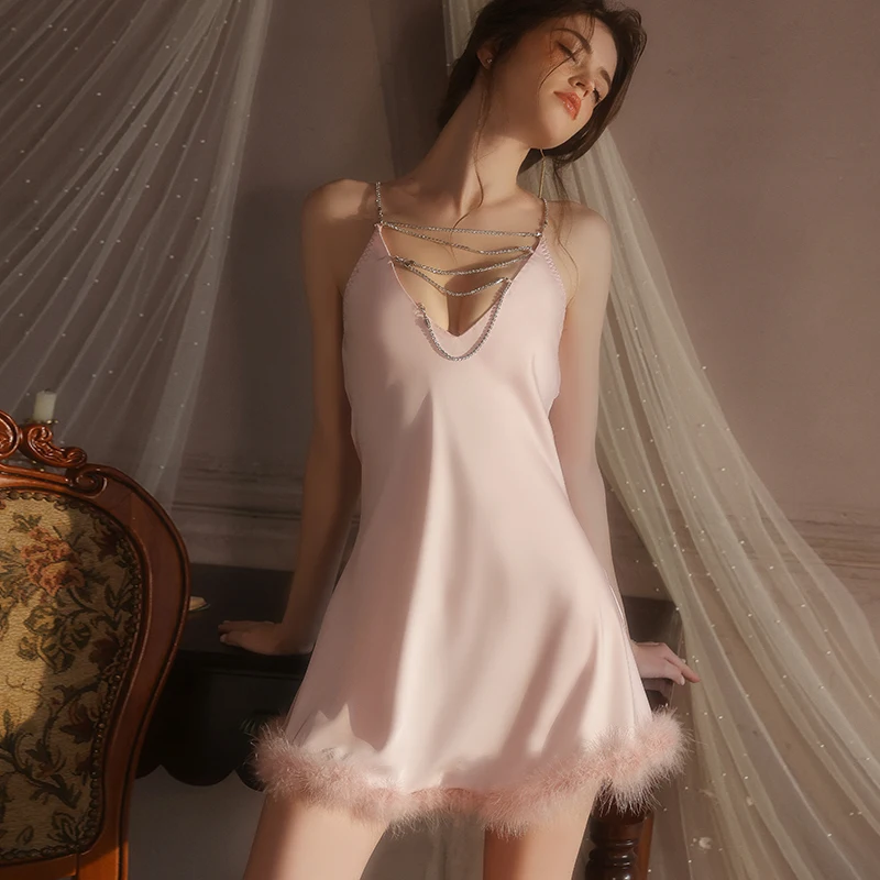 Deep V Hot Low-Cut Satin Sleepwear Set: Women's Pure Desire Smooth Nightgown + Open-Front Robe Lingerie Home Outfit
