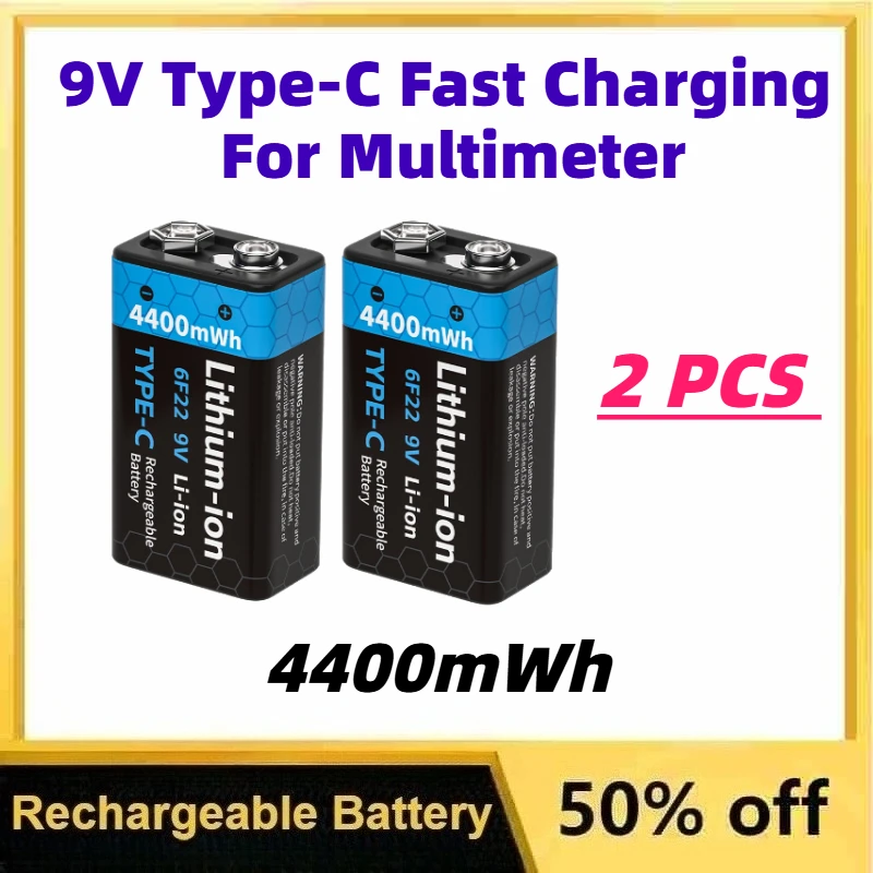 

2PCS Large Capacity 4400mWh 9V Rechargeable Lithium-ion Batteries with Type-C Fast Charging for Multimeter Replace Batteries