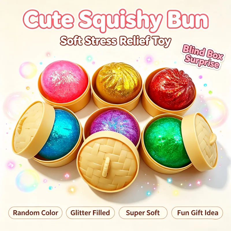 Kids Glitter Squishy Dumpling Blind Box Soft Squeeze Sensory Fidget Toy Random Color Collectible Surprise Toy Party Favor Gift