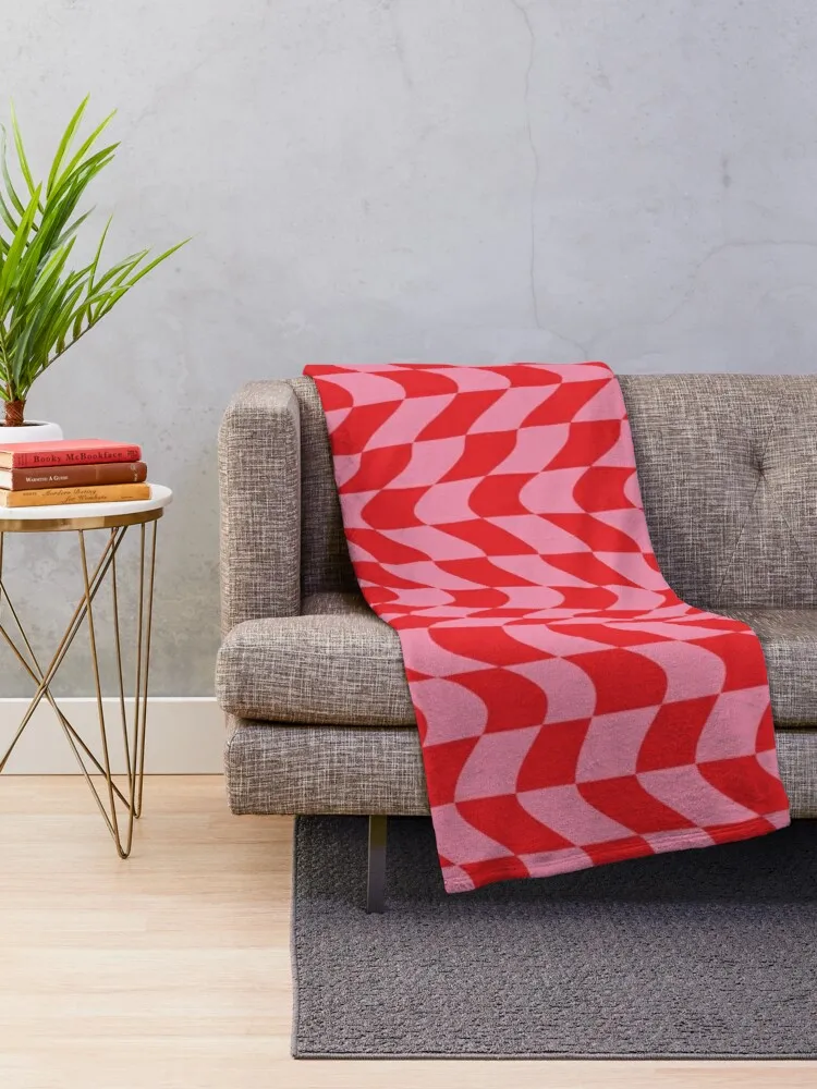 Pink and Red Distorted Checkerboard Throw Blanket blanket lace Anti-pilling flannel beach blanket