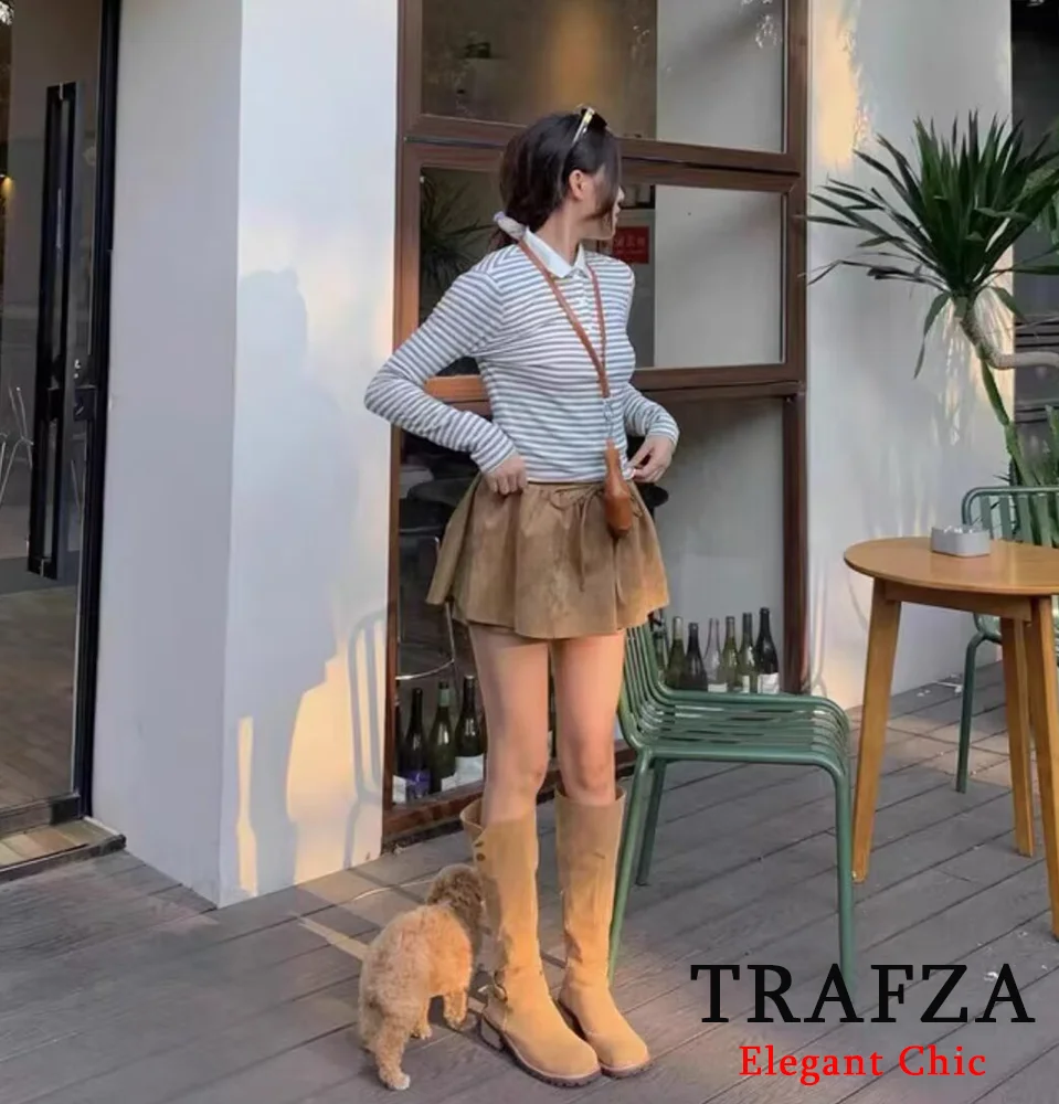 TRAFZA-Women Stylish Drawstring Elastic Waist Mini Skirt Suede Puffy Skirt with Safety Pants 2024 Summer Date Vacation Skirt