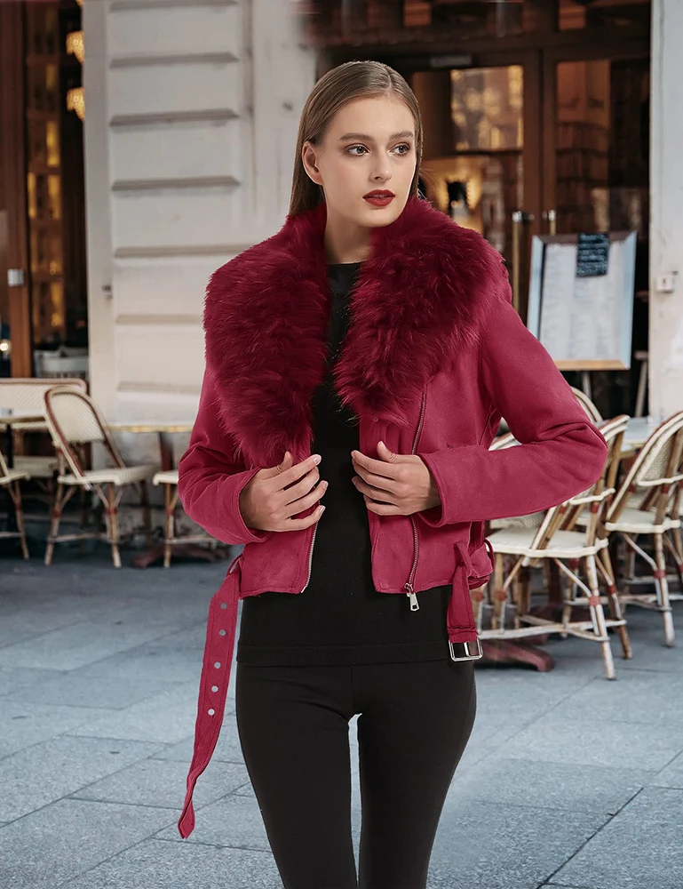 Giolshon Winter Women Faux Suede Jacket With Detachable Fur Collar Belt Lady Thick Warm Leather Jacket Casual Chic Moto Red Coat