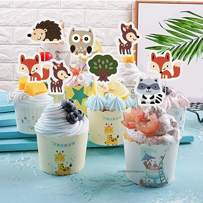 Forest Party Animal Cupcake Topper Cartoon Animals Theme Fox Squirrel Cake Toppers Kids Birthday Party Decoration Baby Shower