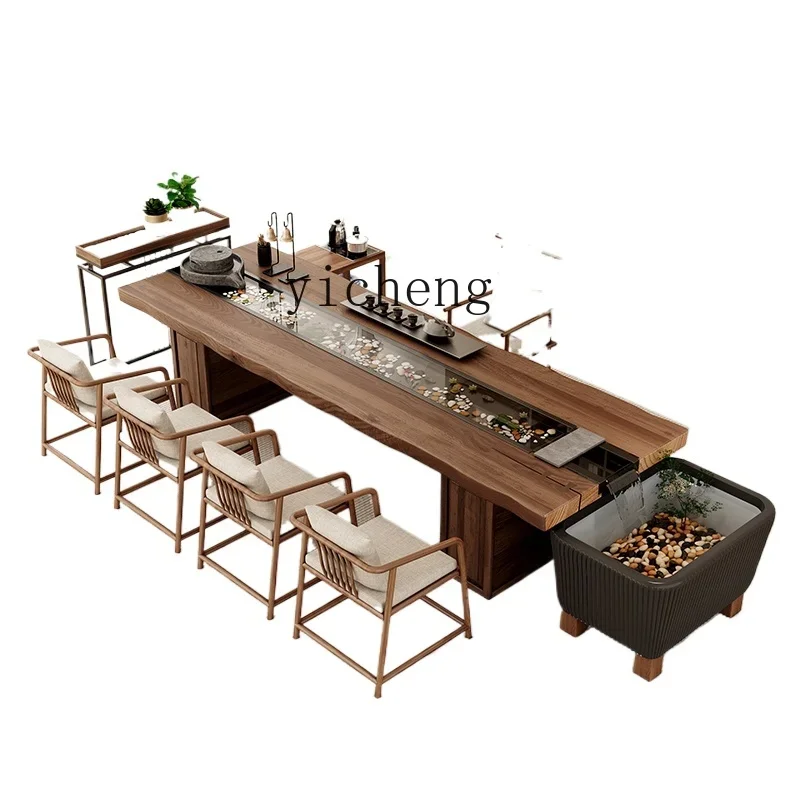 ZF solid wood flowing water tea table and chair combination office large board coffee table zen tea table