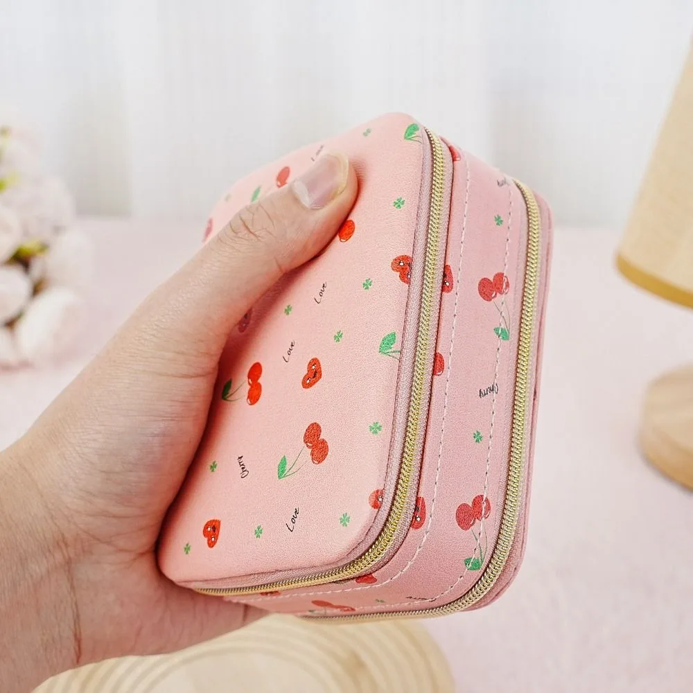 

Cherry Flower Jewelry Packing Bag PU Leather Large Capacity Jewelry Display Box Rings Necklace Organizer