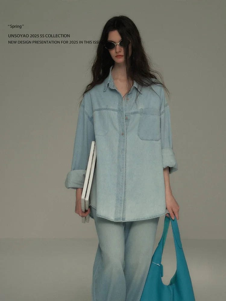 

UNSOYAO Cool Cotton Ice Blue Washed Denim Casual Shirt Loose Fit Long Sleeve Collar Traditional Chinese Style Women's Shirt