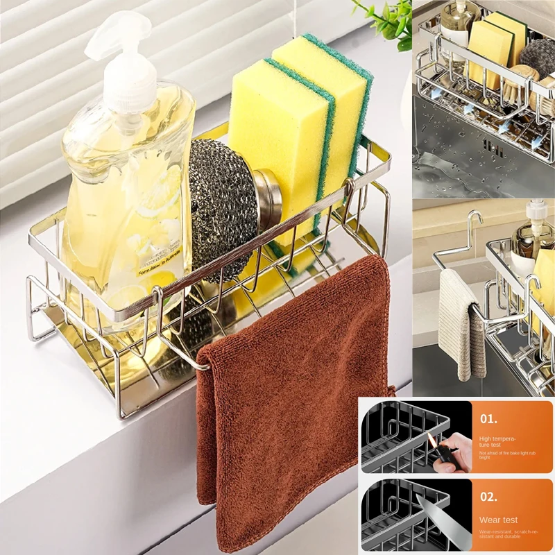 

Kitchen Sink Drain Rack Organizer Sponge Storage Faucet Holder Soap Drainer Towel Rack Stainless Steel Self-draining Sink Shelf