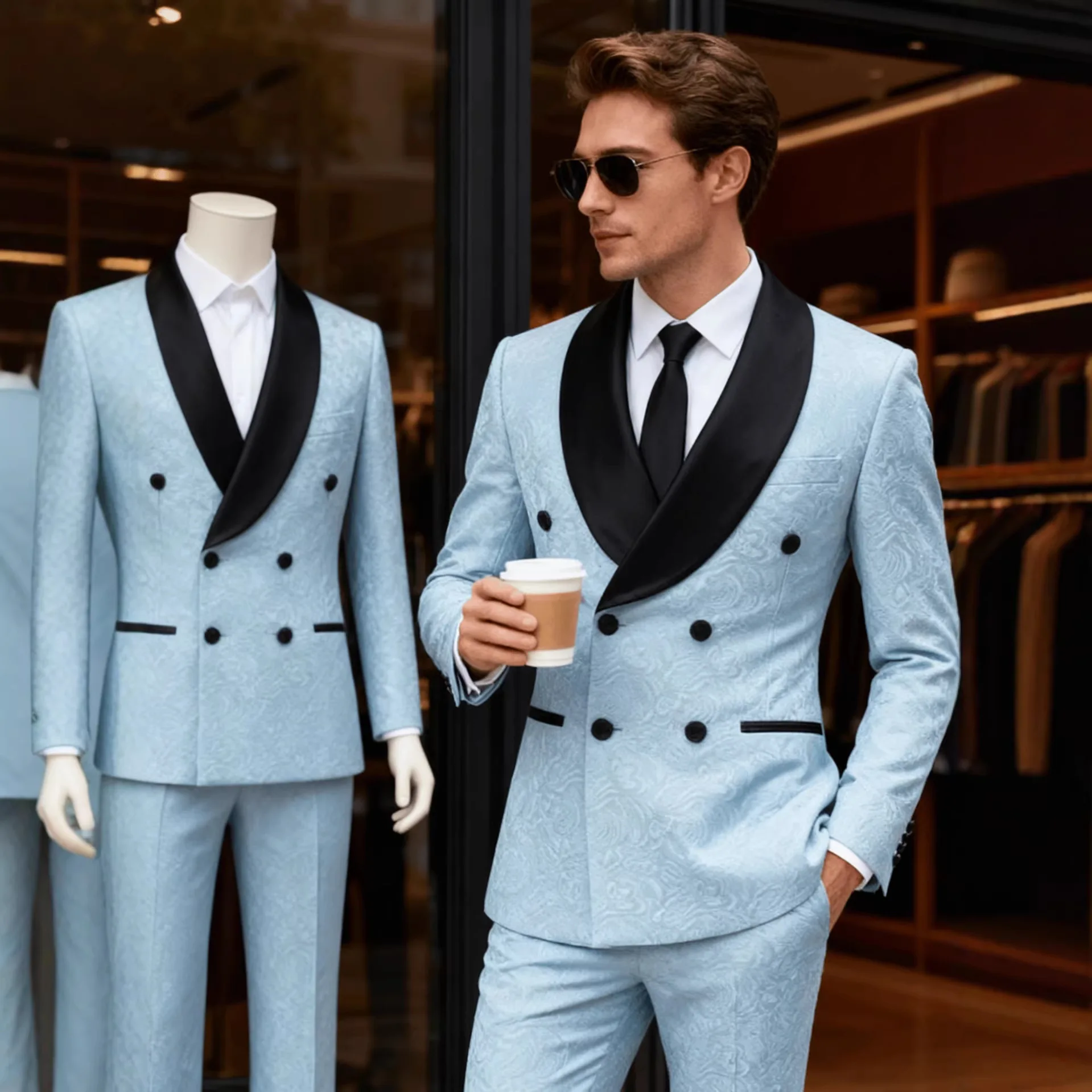 Men's Two-piece Suit for Spring and Fall, Featuring A Red Jacquard Jacket Paired with Black Pants—perfect for Weddings Parties.