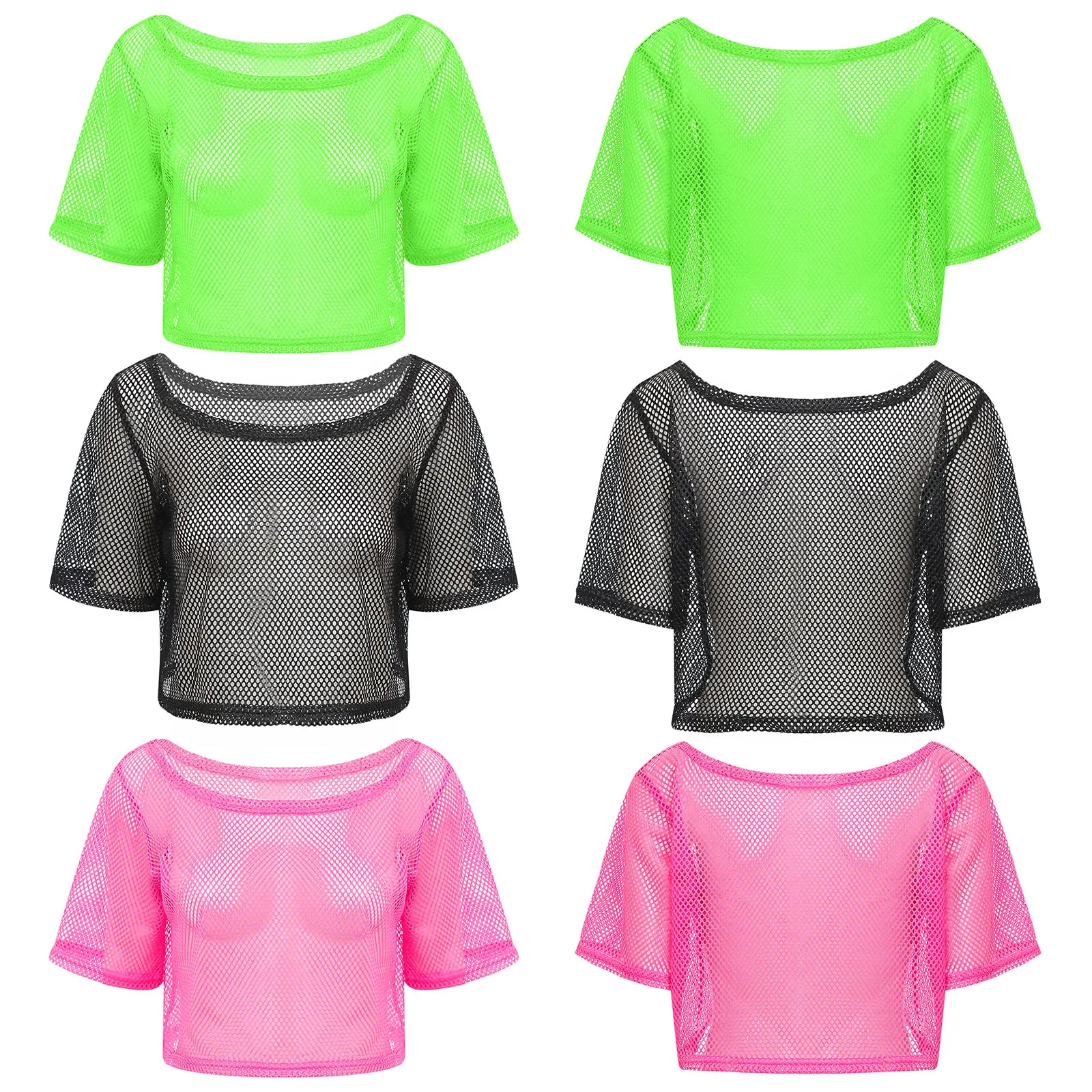 Vrouwen 80s Disco Visnet T-shirt Beachwear Cover-Up Neon Zomer Korte Mouw Hollow Out Crop Top voor Badmode Rave Party Clubwear
