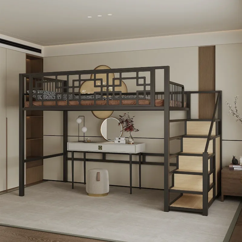 Elevated bed wrought iron loft space-saving bed frame New Chinese light luxury small apartment duplex second floor bed