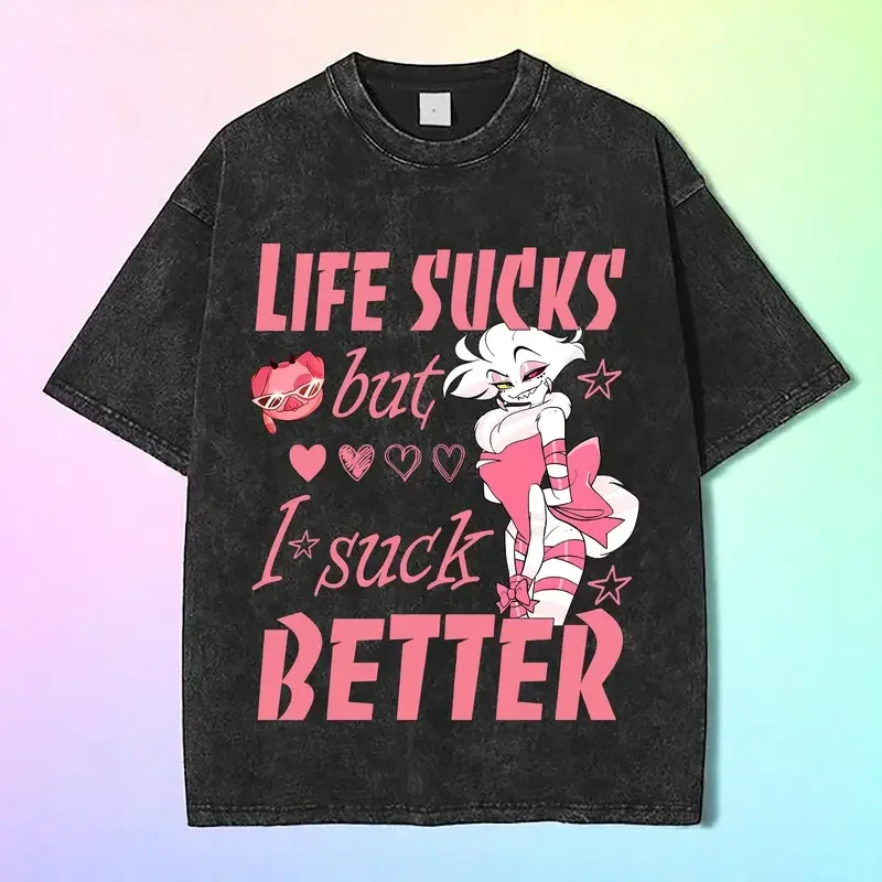Anime Hazbin Hotel Angel Dust T-shirt Men Women Clothing Gothic Vintage Washed Oversized T Shirt Short Sleeve Cotton Tees Tops