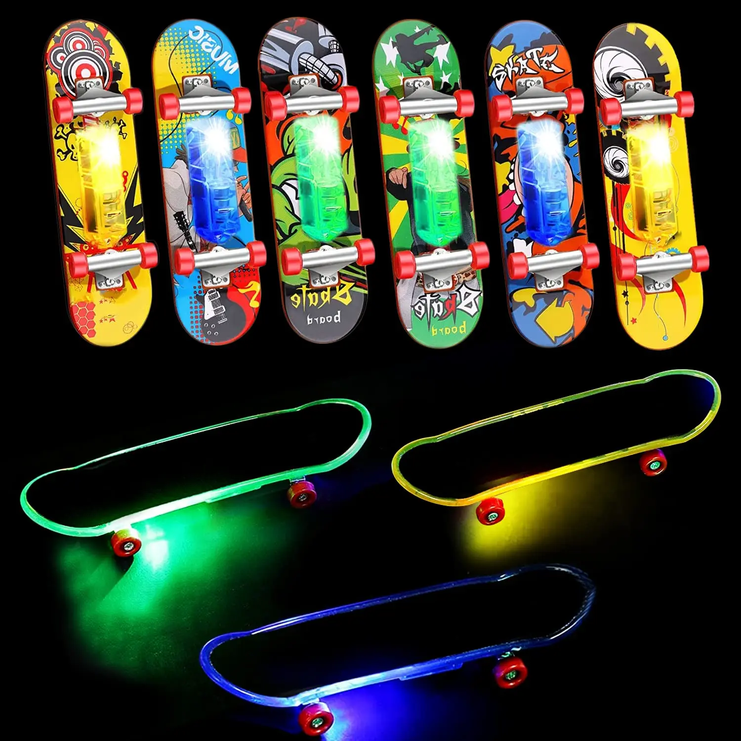 Mini Finger Skateboard for Kid Set of 25,Light up Mini Finger Toy LED Fingerboard Hand Skater for Fingertip Movement Sport Finge