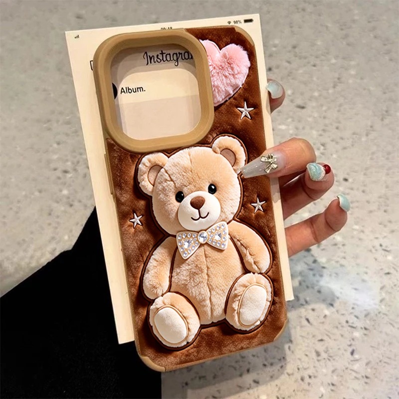 Niedliche Cartoon-Plüschbär 2D-Druck Kunstleder Handyhülle für iPhone 17 16 15 14 13 12 11 Pro Max XS X XR 15 16 Plus 17 Air Cover