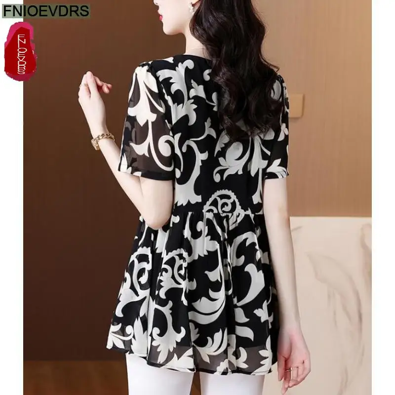 L-5XL Loose Clothes 2024 Women Summer Elegant Ruffles Button Shirts Retro Patchwork Black Floral Tunic Peplum Tops And Blouses