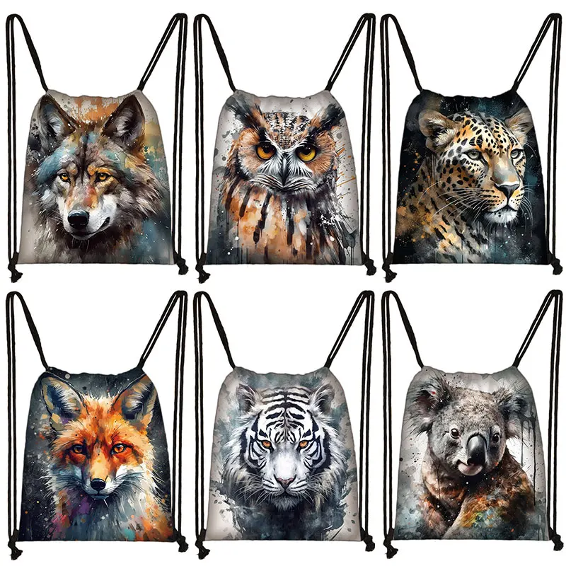 Animal Sacos de Cordão para Mulheres, Coruja, Lobo, Elefante, Mochila Estampada Cavalo, Saco De Armazenamento para Adolescente, Kawaii Girls