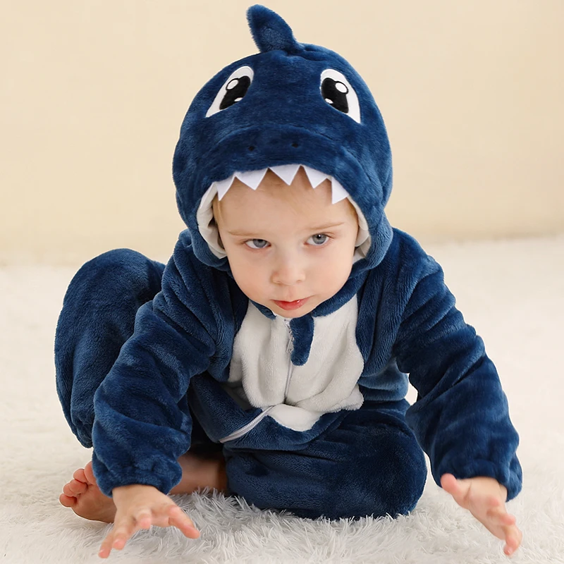 MICHLEY Shark Baby Rompers Winter Hooded Flannel Toddler Infant Clothes Overall Bodysuits Jumpsuit Costume For Kids Halloween