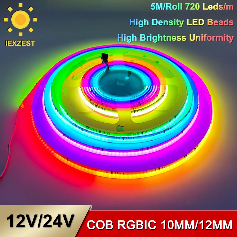 

High Density 5M/Roll RGBIC 720leds/m 576leds/m 12V 24V 12mm 10mm Ws2811 RGBIC Cob Led Strip Lights
