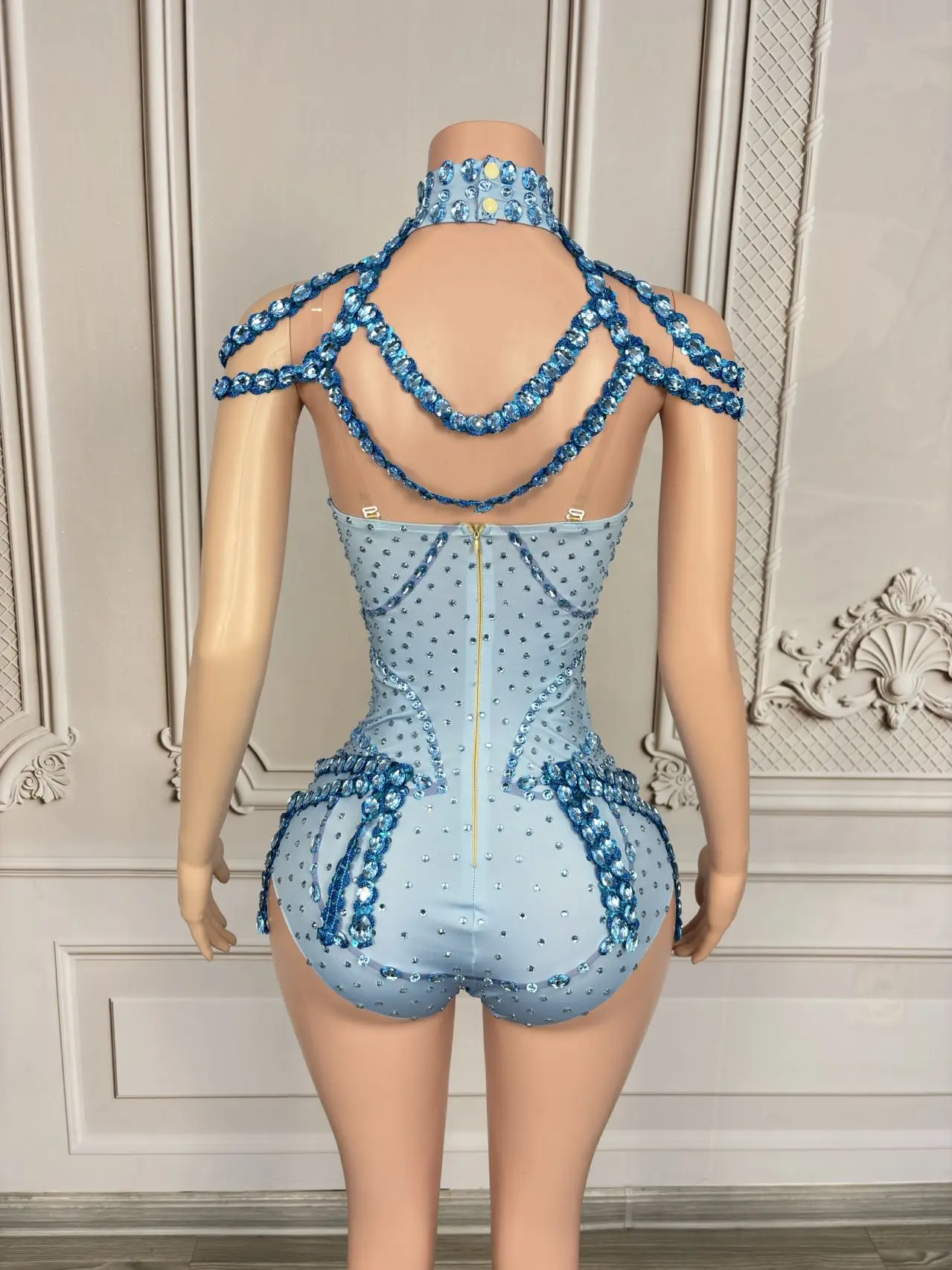 

Tianlan Sexy Corset Jumpsuit Detachable Collar Shawl Necklace Blue Rhinestone Bar Performance Outfit Celebrity Dance Dress