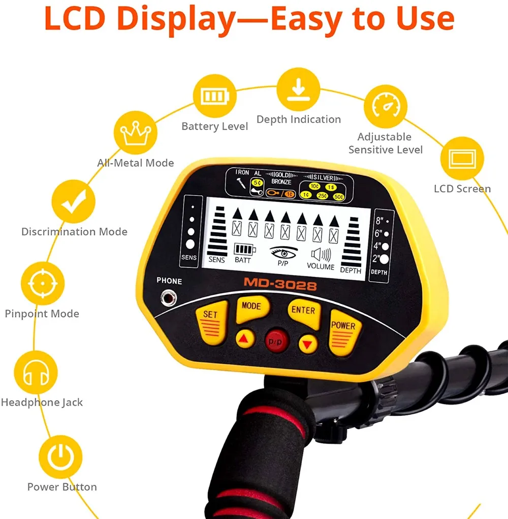 MD3028 Adjustable Sensitive Metal Detector Gold All Metal Depth Indication Underground Searcher Digger Pinpoint Treasure Hunting