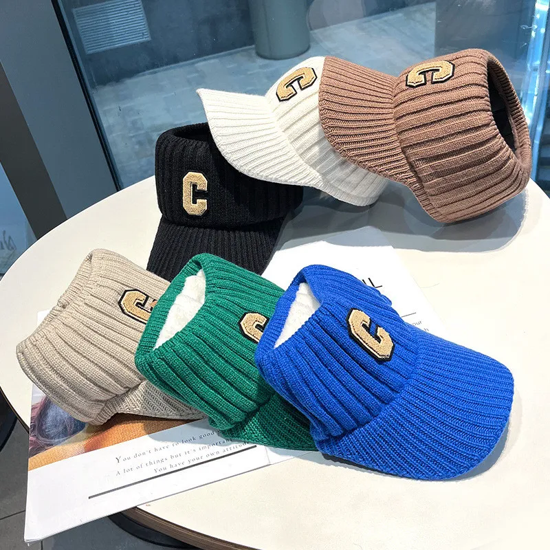 C letter sports hat Unisex winter men solid striped visor hats Outdoor casual knitted hat Crochet topless caps with plush