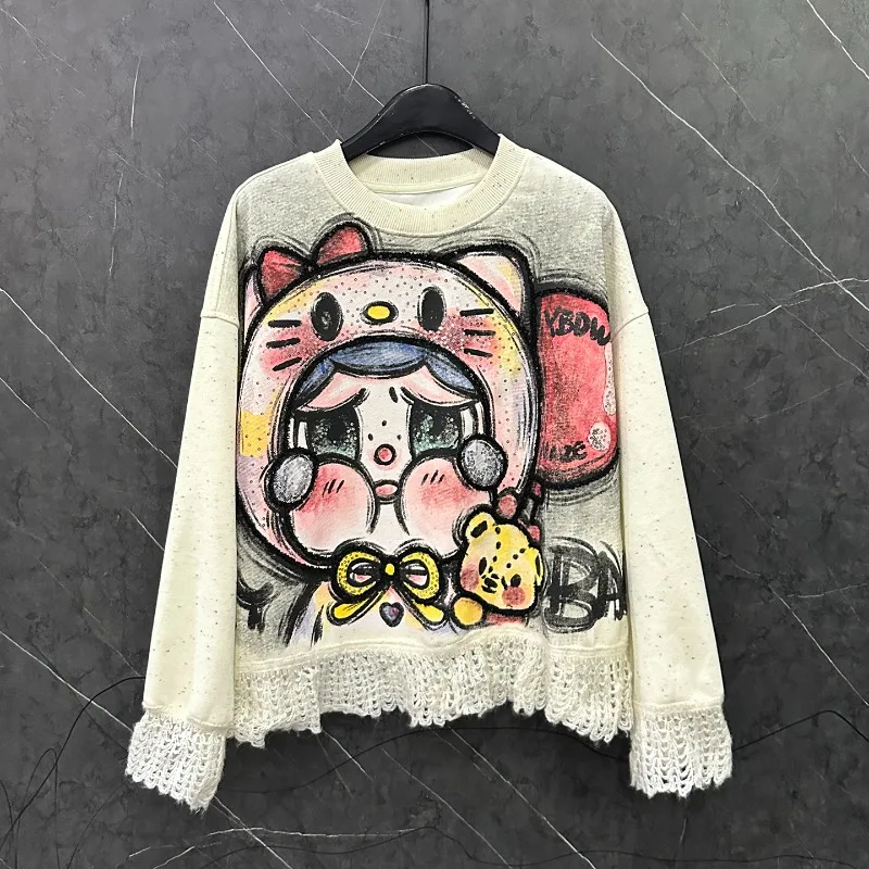 2025 Autumn New Cute Age-Reducing Cartoon Sequin Print Patchwork Crew Neck Sweatshirt For Women's Loose Casual Style Top Hoodies