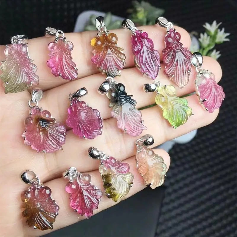 S925 Natural Watermelon Tourmaline Goldfish Pendant Healing Stone DIY Accessories Holiday Birthday Gift